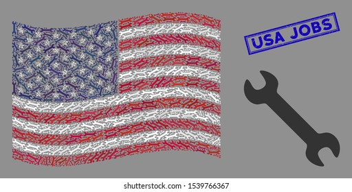 Wrench icons are organized into American flag collage with blue rectangle distressed stamp watermark of USA Jobs caption. Vector composition of American waving flag is composed with wrench icons.