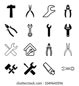 Wrench icons. set of 16 editable filled and outline wrench icons such as pliers, hammer, saw