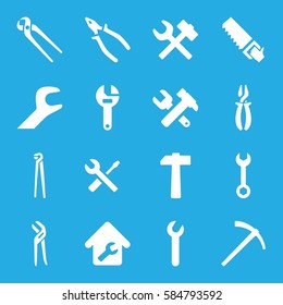 wrench icons set. Set of 16 wrench filled icons such as pliers, saw, home repair