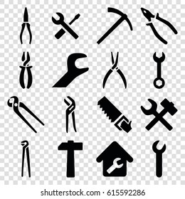 Wrench icons set. set of 16 wrench filled icons such as pliers, saw, home repair