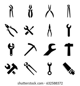 Wrench icons set. set of 16 wrench filled icons such as pliers, saw