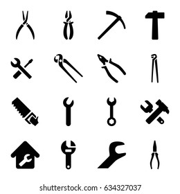 Wrench icons set. set of 16 wrench filled icons such as pliers, saw, home repair