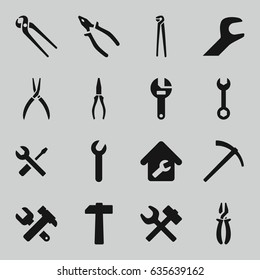 Wrench icons set. set of 16 wrench filled icons such as pliers, home repair