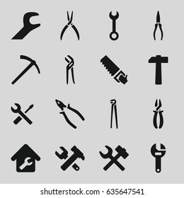 Wrench icons set. set of 16 wrench filled icons such as pliers, saw, home repair