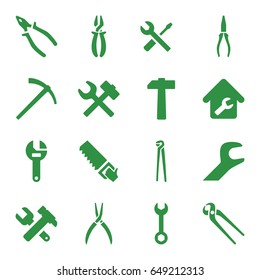 Wrench icons set. set of 16 wrench filled icons such as pliers, saw, home repair