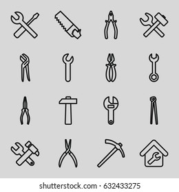 Wrench icons set. set of 16 wrench outline icons such as pliers, saw, home repair