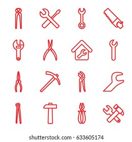 Wrench icons set. set of 16 wrench outline icons such as pliers, saw, home repair