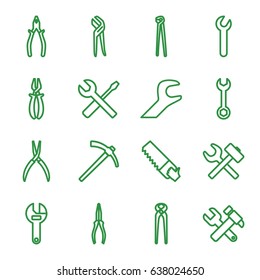 Wrench icons set. set of 16 wrench outline icons such as pliers, saw