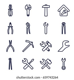 Wrench icons set. set of 16 wrench outline icons such as pliers, home repair