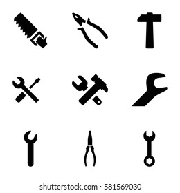 wrench icons set. Set of 9 wrench filled icons such as pliers, saw