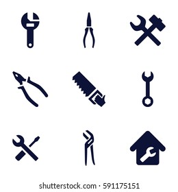 wrench icons set. Set of 9 wrench filled icons such as pliers, saw