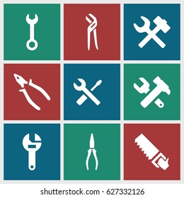 Wrench icons set. set of 9 wrench filled icons such as pliers
