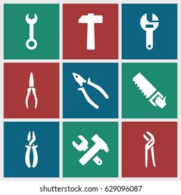 Wrench icons set. set of 9 wrench filled icons such as pliers, saw