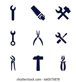 Wrench icons set. set of 9 wrench filled icons such as pliers, saw