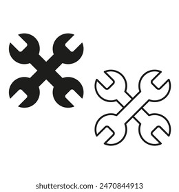 Wrench icons set. Crossed wrenches. Black and white outlines. Vector illustration.