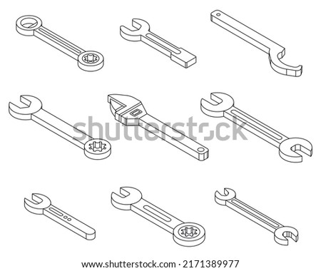 Wrench icons set. Isometric set of wrench vector icons outline isolated on white background