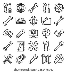 Wrench icons set. Outline set of wrench vector icons for web design isolated on white background