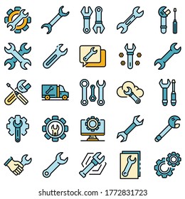 Wrench icons set. Outline set of wrench vector icons thin line color flat on white