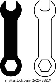 Wrench icons set. Repair flat, outline vectors. Construction hardware industrial silhouette. Mechanic spanner collection. Professional maintain tools for ui designs isolated on transparent background.