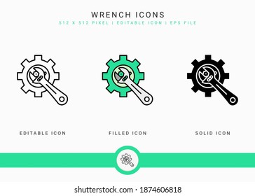 Wrench icons set vector illustration with solid icon line style. Carpenter tool building concept. Editable stroke icon on isolated background for web design, user interface, and mobile application