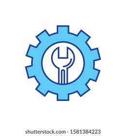 wrench inside gear design, Construction work repair reconstruction industry build and project theme Vector illustration