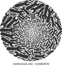 Wrench items are scattered into sphere group. Wrench icon bubble mosaic. Abstract sphere cluster collage is designed from wrench items.