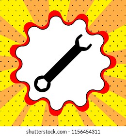 Wrench key. Black icon in the bubble on a yellow background pop art. Vector.