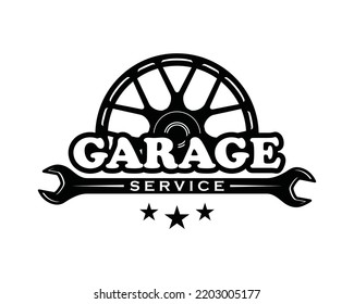 Wrench key with car rim for servicing in the garage car symbol icon vector. Wrench for automotive repair engine car illustration vintage logo design