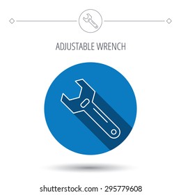 Wrench key icon. Adjustable repair tool sign. Blue flat circle button. Linear icon with shadow. Vector
