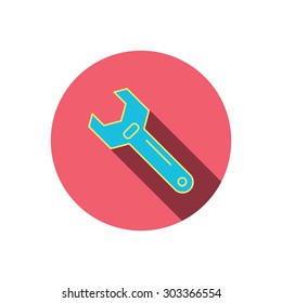 Wrench key icon. Adjustable repair tool sign. Red flat circle button. Linear icon with shadow. Vector