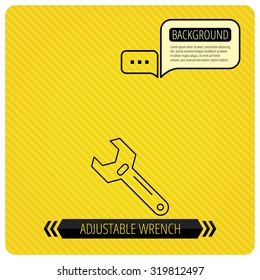 Wrench key icon. Adjustable repair tool sign. Chat speech bubbles. Orange line background. Vector.