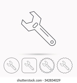 Wrench key icon. Adjustable repair tool sign. Linear circle, square and star buttons with icons.