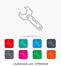 Wrench key icon. Adjustable repair tool sign. Linear icons in squares on white background. Flat web symbols. Vector