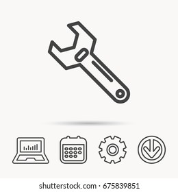 Wrench key icon. Adjustable repair tool sign. Notebook, Calendar and Cogwheel signs. Download arrow web icon. Vector