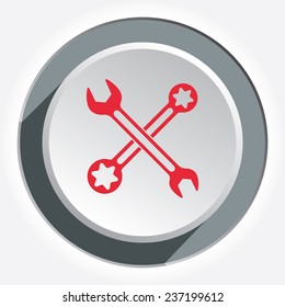Wrench key icon. Repair fix tool symbol. Round 3d grey button with shadow. Vector