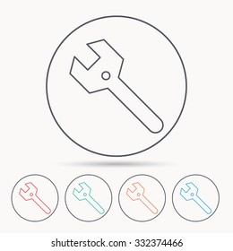 Wrench key icon. Repair fix tool sign. Linear circle icons.