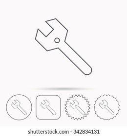 Wrench key icon. Repair fix tool sign. Linear circle, square and star buttons with icons.