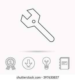Wrench key icon. Repair fix tool sign. Download arrow, lamp, learn book and award medal icons.