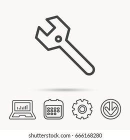 Wrench key icon. Repair fix tool sign. Notebook, Calendar and Cogwheel signs. Download arrow web icon. Vector