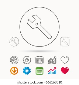 Wrench key icon. Repair fix tool sign. Calendar, Graph chart and Cogwheel signs. Download and Heart love linear web icons. Vector