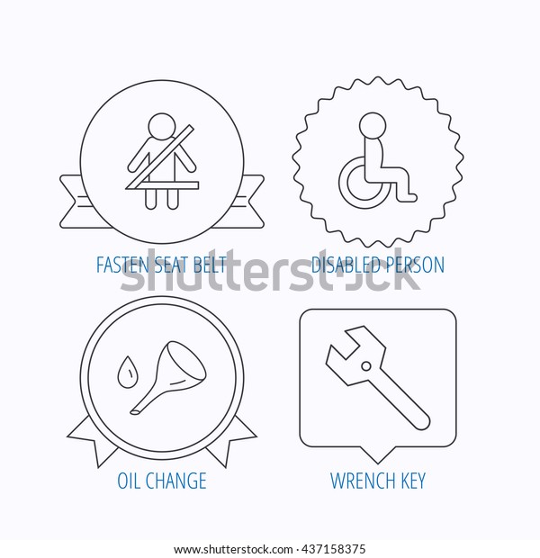 Wrench key, oil change and fasten seat belt icons.\
Disabled person linear sign. Award medal, star label and speech\
bubble designs. Vector