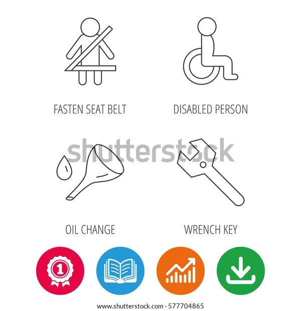 Wrench key, oil change and fasten seat belt\
icons. Disabled person linear sign. Award medal, growth chart and\
opened book web icons. Download arrow.\
Vector