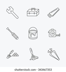 Wrench key, screwdriver and paint brush icons. Toolbox, nippers and saw linear signs. Finishing spatula icon. Linear black icons on white background.