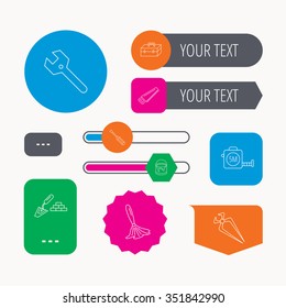 Wrench key, screwdriver and paint brush icons. Toolbox, nippers and saw linear signs. Finishing spatula icon. Web buttons and app menu navigation.