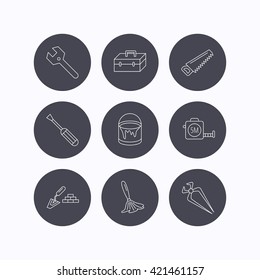 Wrench key, screwdriver and paint brush icons. Toolbox, nippers and saw linear signs. Finishing spatula icon. Flat icons in circle buttons on white background. Vector