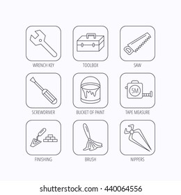 Wrench key, screwdriver and paint brush icons. Toolbox, nippers and saw linear signs. Finishing spatula icon. Flat linear icons in squares on white background. Vector