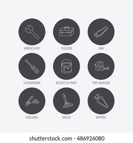 Wrench key, screwdriver and paint brush icons.