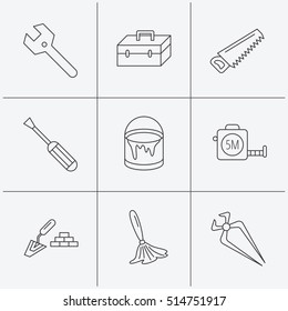 Wrench key, screwdriver and paint brush icons. Toolbox, nippers and saw linear signs. Finishing spatula icon. Linear icons on white background. Vector