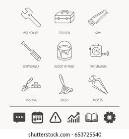 Wrench key, screwdriver and paint brush icons. Toolbox, nippers and saw linear signs. Finishing spatula icon. Education book, Graph chart and Chat signs. Attention, Calendar and Cogwheel web icons