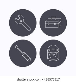 Wrench key, screwdriver and paint bucket icons. Toolbox linear sign. Flat icons in circle buttons on white background. Vector